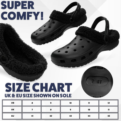 CityComfort Men's Teens Clogs Winter Classic Fleece Lined House Shoes - Warm Garden Shoes Slip On with Strap (Black, 9 UK)