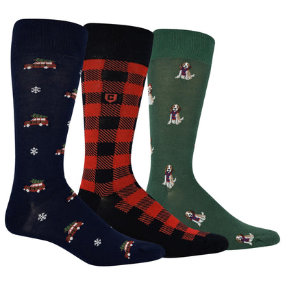 Chaps Mens Casual Fashion Cushioned Crew - 3 Pair Pack Sock, Christmas Cars, Tartan, Dogs, 6-12 US