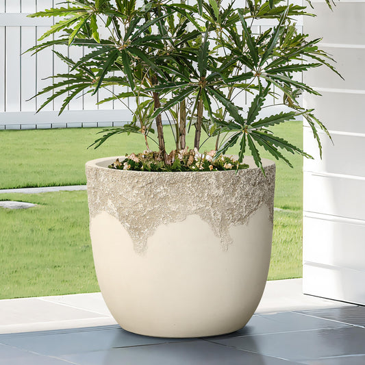 LuxenHome 15.5" Dia Beige Large Round Planter, Outdoor Indoor Decorative Plant Pot with Drainage Hole and Rubber Plug, Antique Travertine Style Off-White Flower Pot for Home Patio Garden