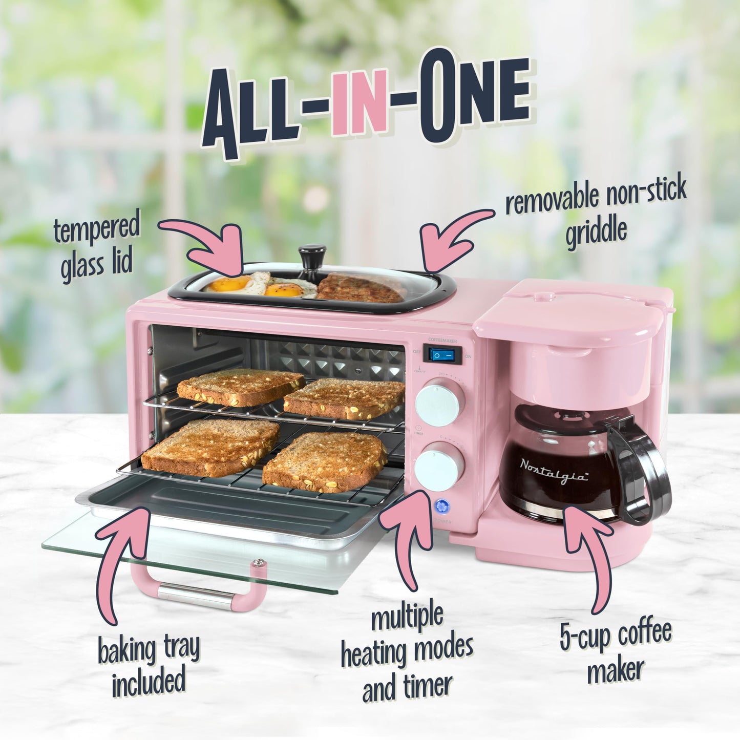 Nostalgia 3-in-1 Breakfast Station - Includes Coffee Maker, Non-Stick Griddle, and 4-Slice Toaster Oven - Versatile Breakfast Maker with Timer - Aqua