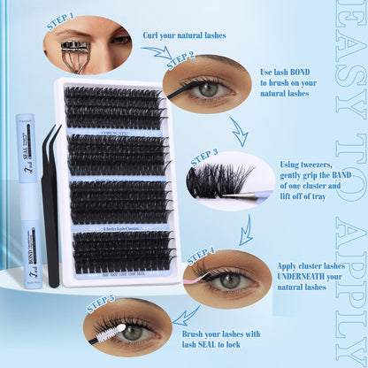 CORUSCATE Cluster Lashes Kit Long 14-20mm Eyelashes Individual Kit 80D-150D Thick Lashes Individual Cluster Russian Strip Lash D Curl DIY Lash Extension 284pcs with Lash Bond and Seal Tweezers