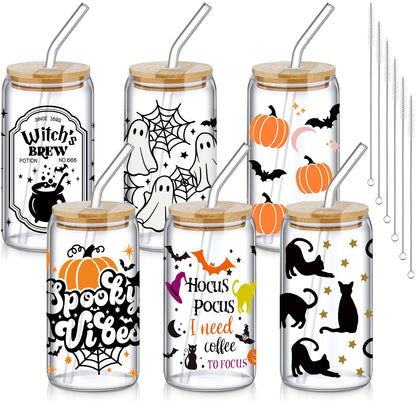 SiliFine 6 Pcs Halloween Drinking Glasses 16 oz Hearts Glass Cup with Bamboo Lid and Glass Straw Can Shaped Beer Glass Reusable Love Smoothie Cup for Women Teenager Valentine Party Birthday Gift