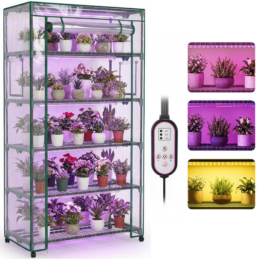 Indoor Greenhouse with Grow Lights & Wheels, 5 Tier Wire Shelf PVC Tent Portable Mini Green House Cabinet Kit for Plant Seed Starting Mushroom Grow