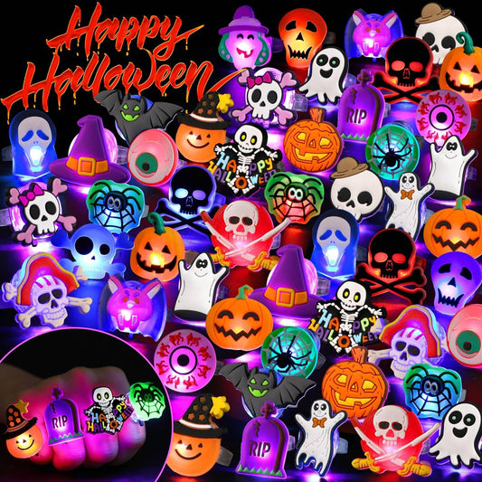Coluans Halloween Party Favors for Kids Adults 50Pcs Gifts Halloween Treats LED Light Up Rings Flash Rings Glow In The Dark Party Supplies Goodie Non Candy Bag Filler Prizes Decorations NEW VERSION
