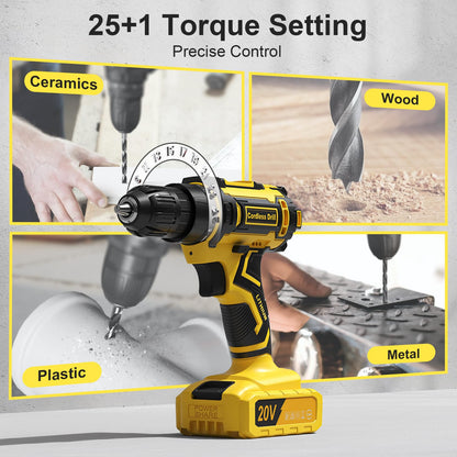 FAHEFANA Cordless Drill, 20V Power Drill with 25+1 Max 370 in-lb Torque, Electric Screwdriver Driver with Battery and Charger, 3/8" Keyless Chuck, 2000mAh Batteries Electric, 42Pcs Bits