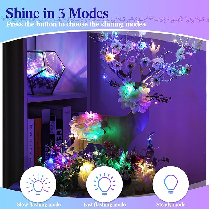 Hortsun 20 Packs Fairy Lights Battery Operated 3 Speed Modes, 7 Ft/ 2 M 20 LED Battery String Mini Waterproof Wire Twinkle Lights Bulk for Wedding Party Birthday Vases (Multicolor Light)