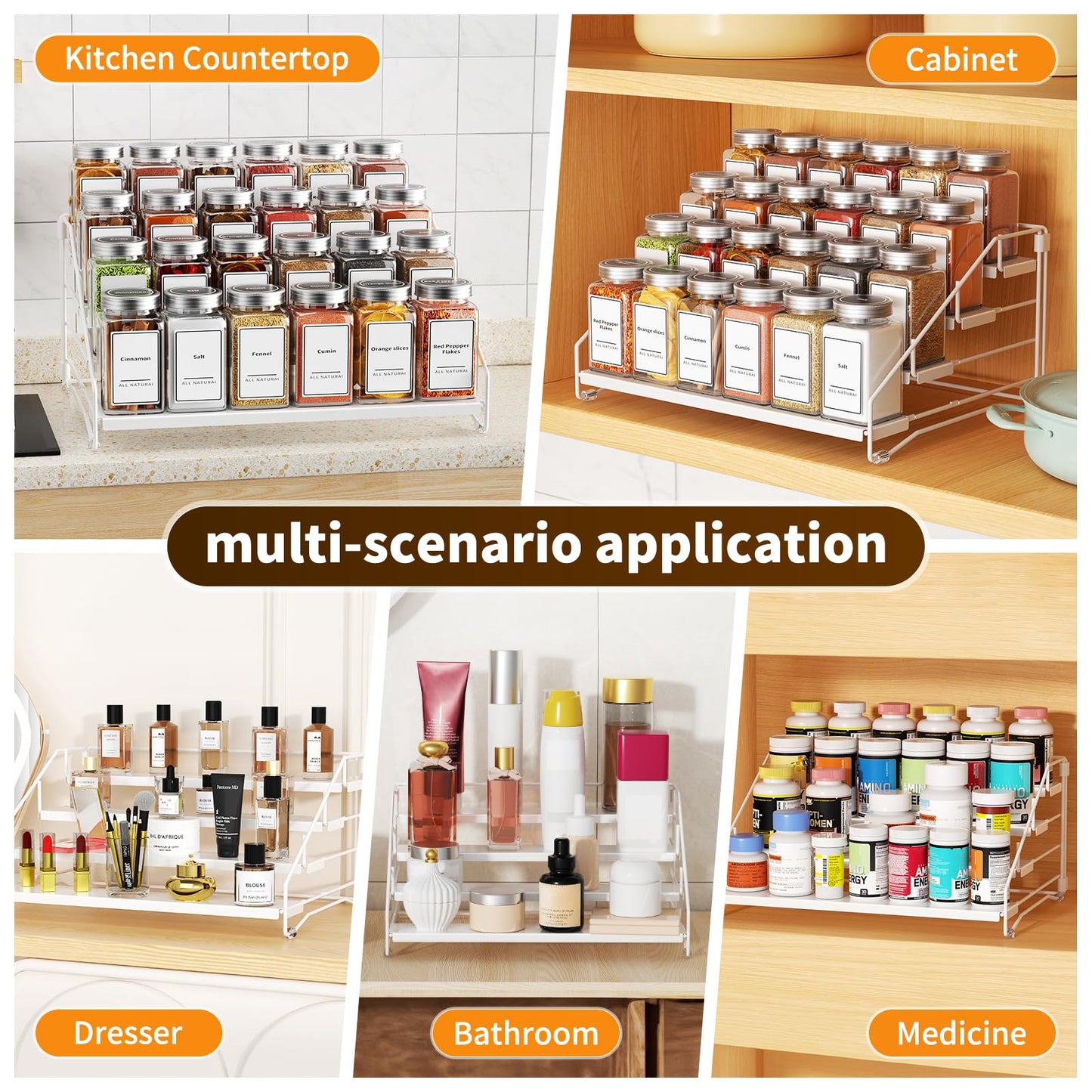 4 Tier Spice Rack for Cabinet, Spice Rack Organizer, Depth Adjustable Spice Holder for Countertop, Cupboard, Pantry, Seasoning Shelf, Metal, Black (1 Pack)