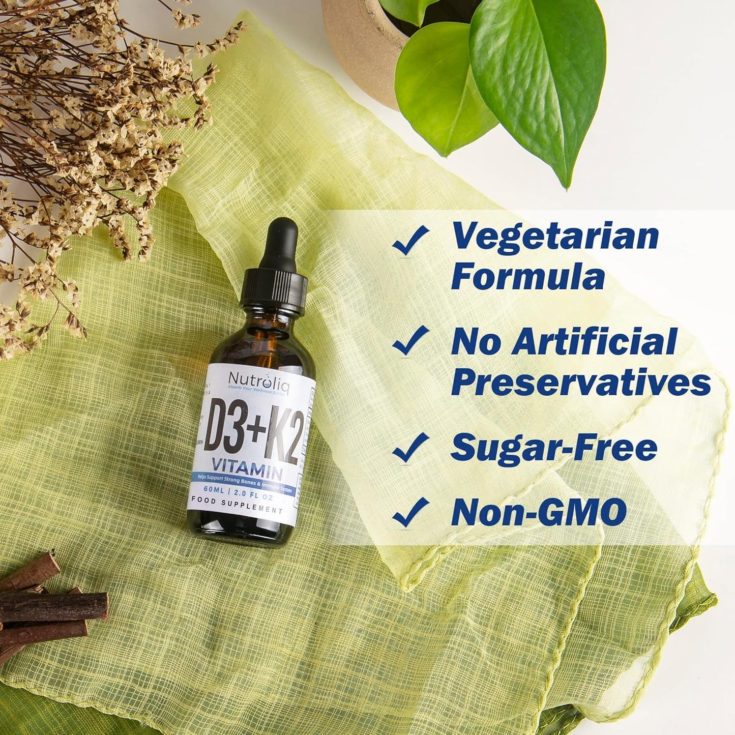 Nutroliq Vitamin D3 + K2 Liquid Drops - 4000IU Vit D3, 100mcg Vit K as MK7, MCT, Extra Virgin Olive Oil - For Immune & Bone Health, Better Energy, Calcium Absorption - Natural Peppermint Flavour, 60ml