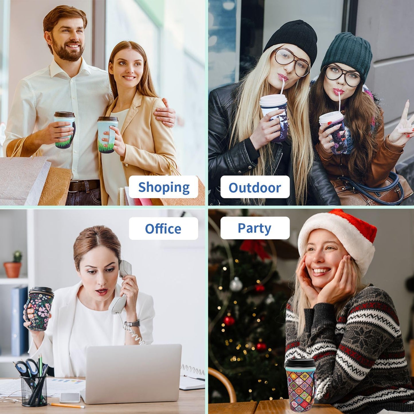 4Pack Reusable Iced Coffee Sleeve Insulator Sleeves for Cold Drinks Beverages, Neoprene Cup Holder for Most Coffee, Fits 30-32oz Large Cups (Sugar Skull with handle)