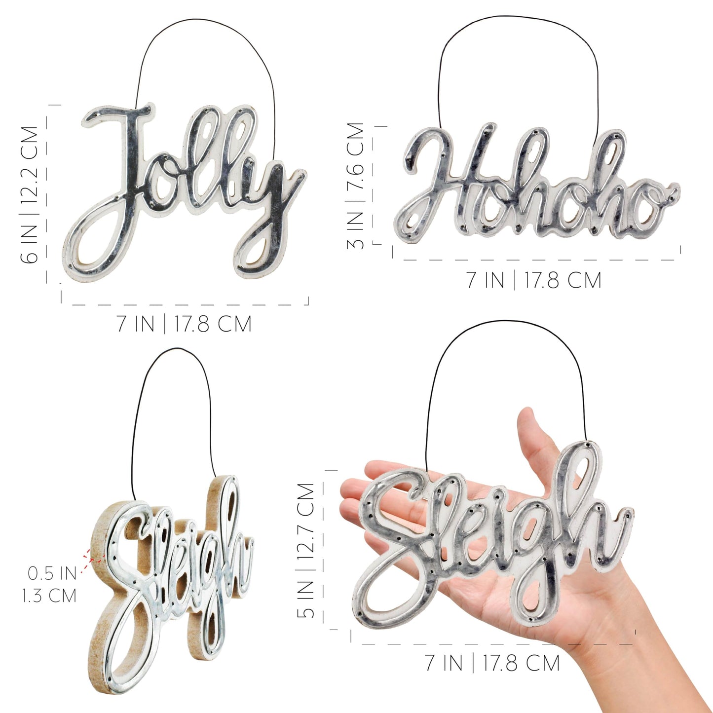 AuldHome Design Large Farmhouse Christmas Word Art Ornaments in Galvanized Rustic Tin Script w/Jolly, Sleigh and Hohoho, (Set of 3 7-Inch Signs)