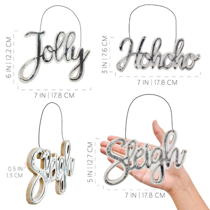AuldHome Design Large Farmhouse Christmas Word Art Ornaments in Galvanized Rustic Tin Script w/Jolly, Sleigh and Hohoho, (Set of 3 7-Inch Signs)