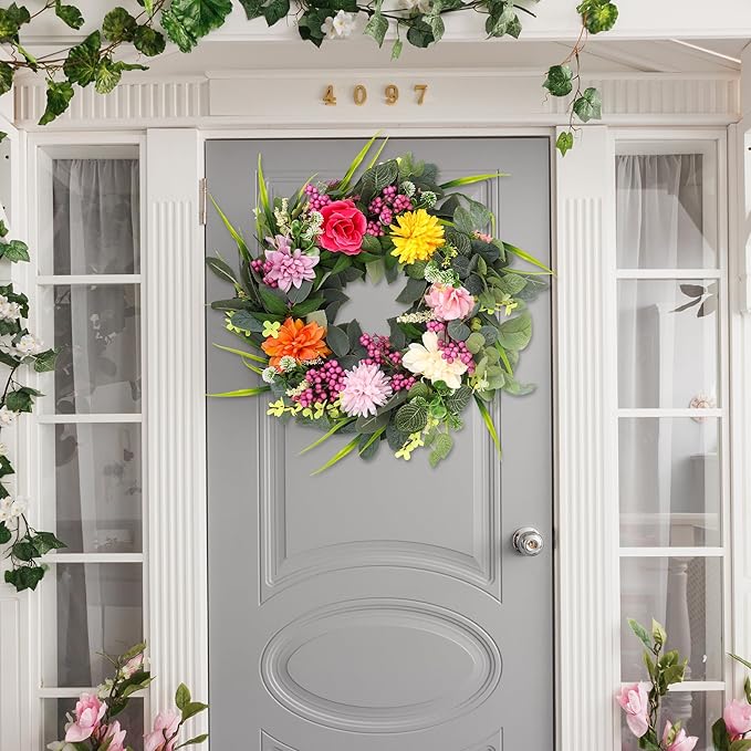Wreaths for Front Door, 24 Inch Spring Fall Wreath with Vibrant Flowers and Greenery, Artificial Autumn Wreath for All Seasons Farmhouse Outdoor Indoors Holiday
