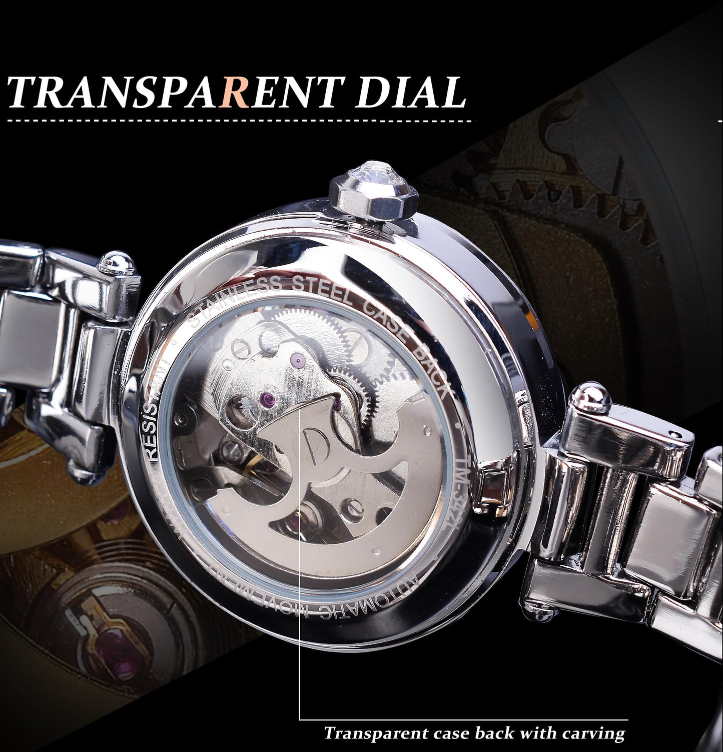 FORSINING Women Automatic Mechanical Watches Skeleton Steampunk Watch with Diamond and Carving Flower Craft Cold Watch for Women Minimalist Retro Design Mechanical Skeleton Wrist Watch Transparent