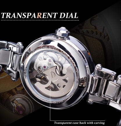 FORSINING Women Automatic Mechanical Watches Skeleton Steampunk Watch with Diamond and Carving Flower Craft Cold Watch for Women Minimalist Retro Design Mechanical Skeleton Wrist Watch Transparent