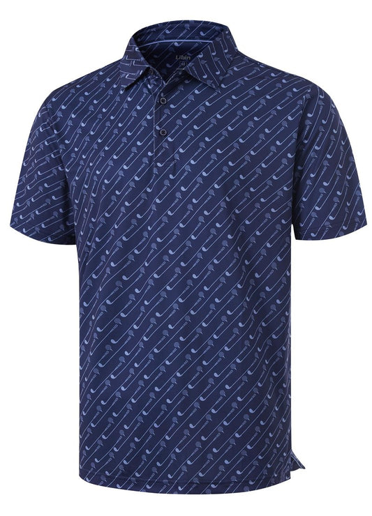 Libin Golf Shirts for Men Short Sleeve Quick Dry Performance Moisture Wicking Print Collared Polo Shirts Casual Business, Navy Golf Club, Large