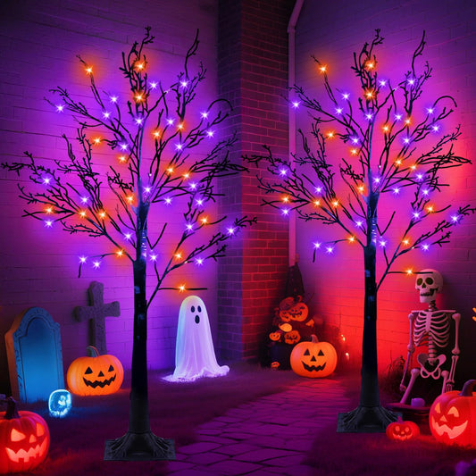 2 Pack & Timer - 4 Ft Lighted Black Halloween Tree with 48 LED Orange & Purple Lights, Spooky Artificial Black Trees for Halloween Decorations Outdoor Indoor Home Yard Party Decor
