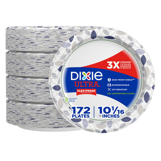 Dixie Ultra, Large Paper Plates, 10 Inch, 172 Count, 3X Stronger*, Heavy Duty, Microwave-Safe, Soak-Proof, Cut Resistant, Disposable Plates For Heavy, Messy Meals