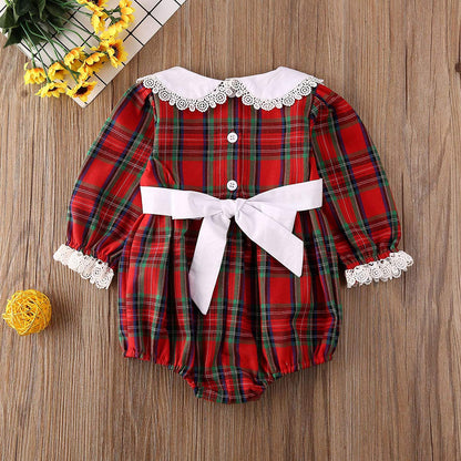 Baby Girl Christmas Dress Matching Newborn Girl Bodysuit Plaid Lace Princess Skirt Family Clothing (Romper/Long Sleeve, 0-3 Months)