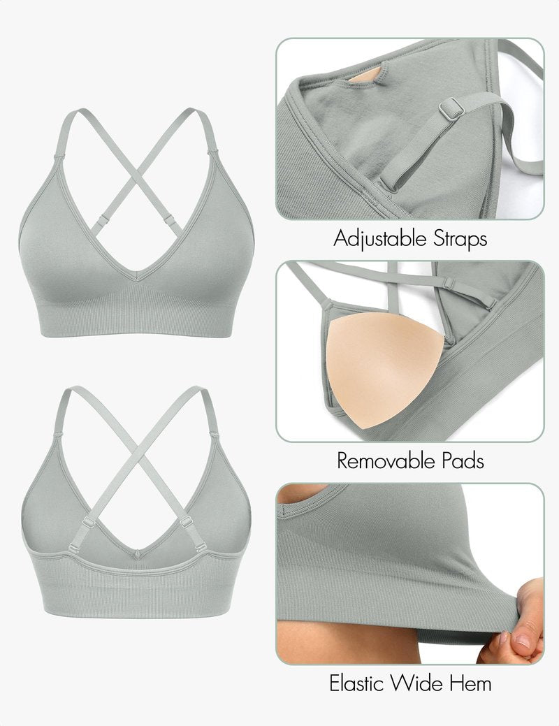 WANAYOU Sport Bras for Women, Low Cut Adjustable Spaghetti Strap Cross Back Womens Sports Bras with Padding Low Support Wireless Seamless Sexy Bralette for Workout 3 Pack Black White Grey Medium