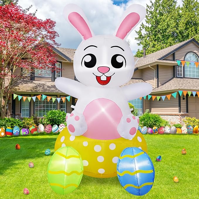 B&D 4FT Easter Inflatables Outdoor Decorations, Blow Up Inflatable Bunny Sits on Colorful Eggs Built-in LED Lights Happy Easter Yard Decorations for Holiday Party Indoor Outdoor Garden Lawn Decor
