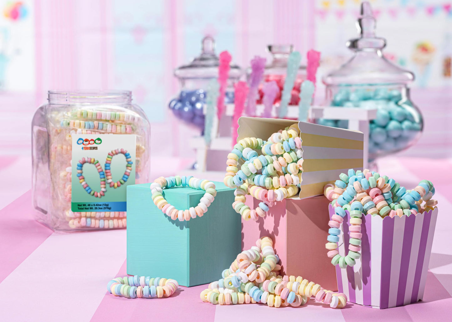 48 Candy Bracelets Individually Wrapped, Bracelet Candy Jewelry, Pastel Candy for Buffet, Goody Bag Stuffers, Barbie Party Favor for Kids, (Pack of 48x0.42oz/11.9g) by 4YoreElves