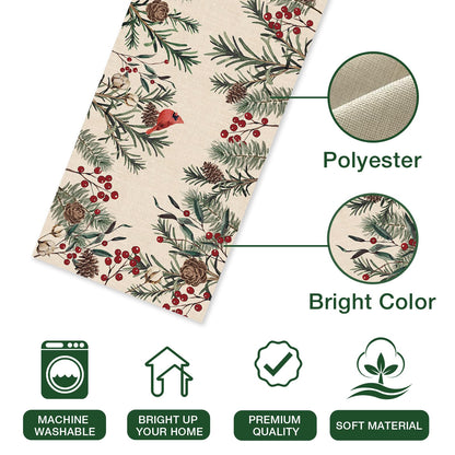 Seliem Winter Pine Needle Branches Table Runner, Pine Cone Cardinal Red Birds Berry Farmhouse Kitchen Dining Table Decor, Christmas Holiday Home Decoration Indoor Outdoor Party Supply 13 x 72 Inches