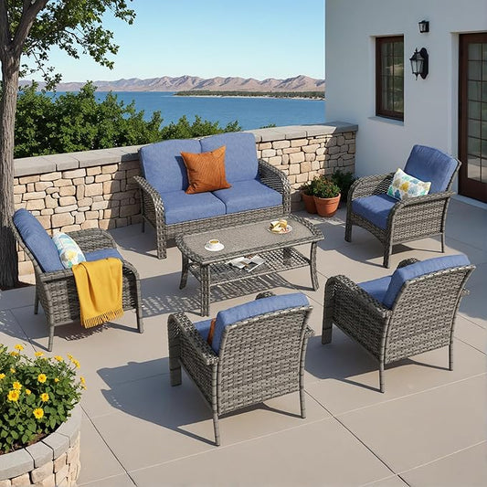 HOOOWOOO Patio Furniture Set,6 Pieces Outdoor Conversation Set,All Weather Wicker Loveseat Sofa Set with High Back Chairs Table,Denim Blue