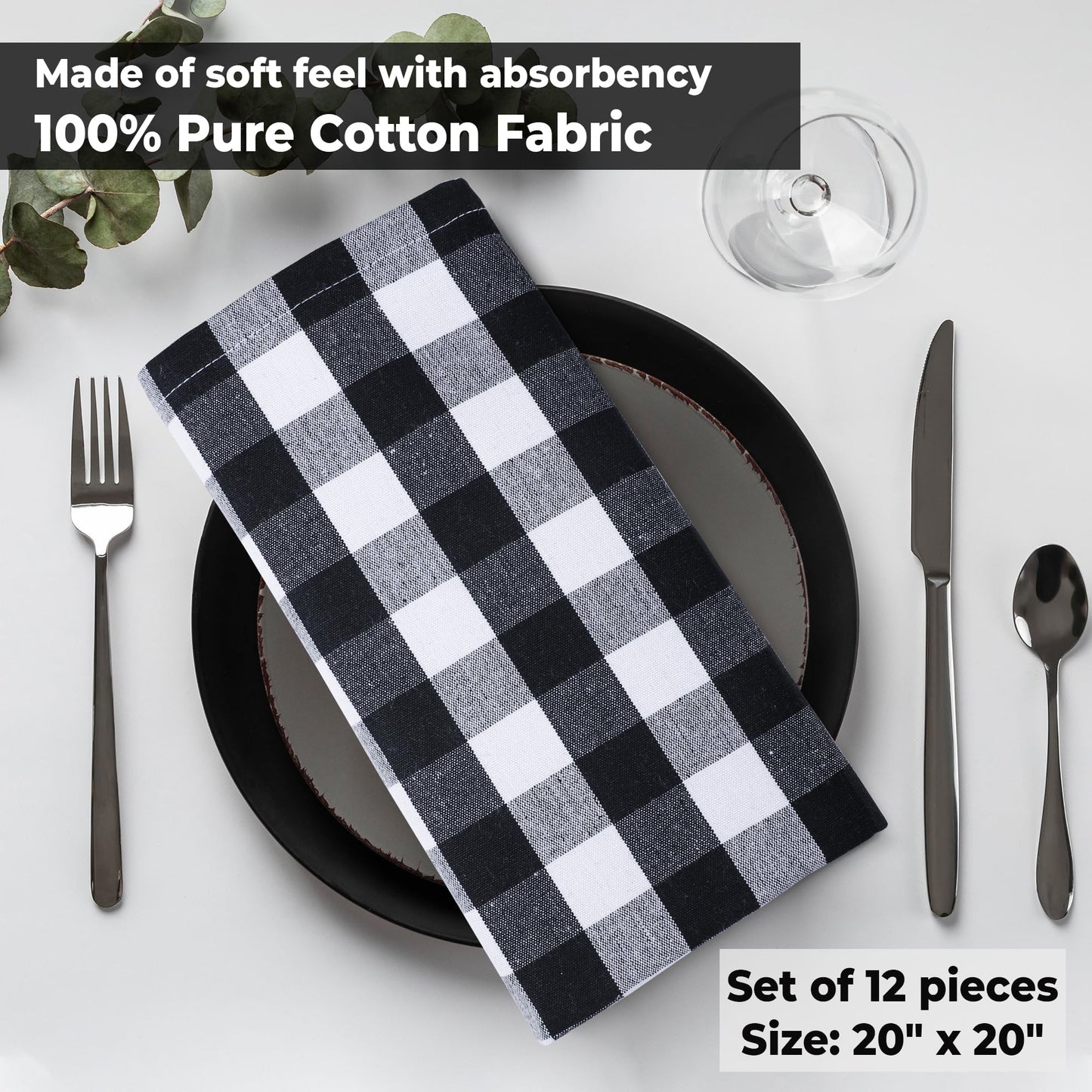 Urban Villa Cloth Napkins 100% Cotton Dinner Napkins Highly Absorbent 20x20 Inches (Set of 12) Black White Buffalo Checks Reusable Washable Soft Durable Premium Napkins Ideal for Home Wedding Parties