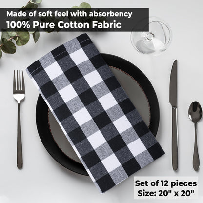 Urban Villa Cloth Napkins 100% Cotton Dinner Napkins Highly Absorbent 20x20 Inches (Set of 12) Black White Buffalo Checks Reusable Washable Soft Durable Premium Napkins Ideal for Home Wedding Parties