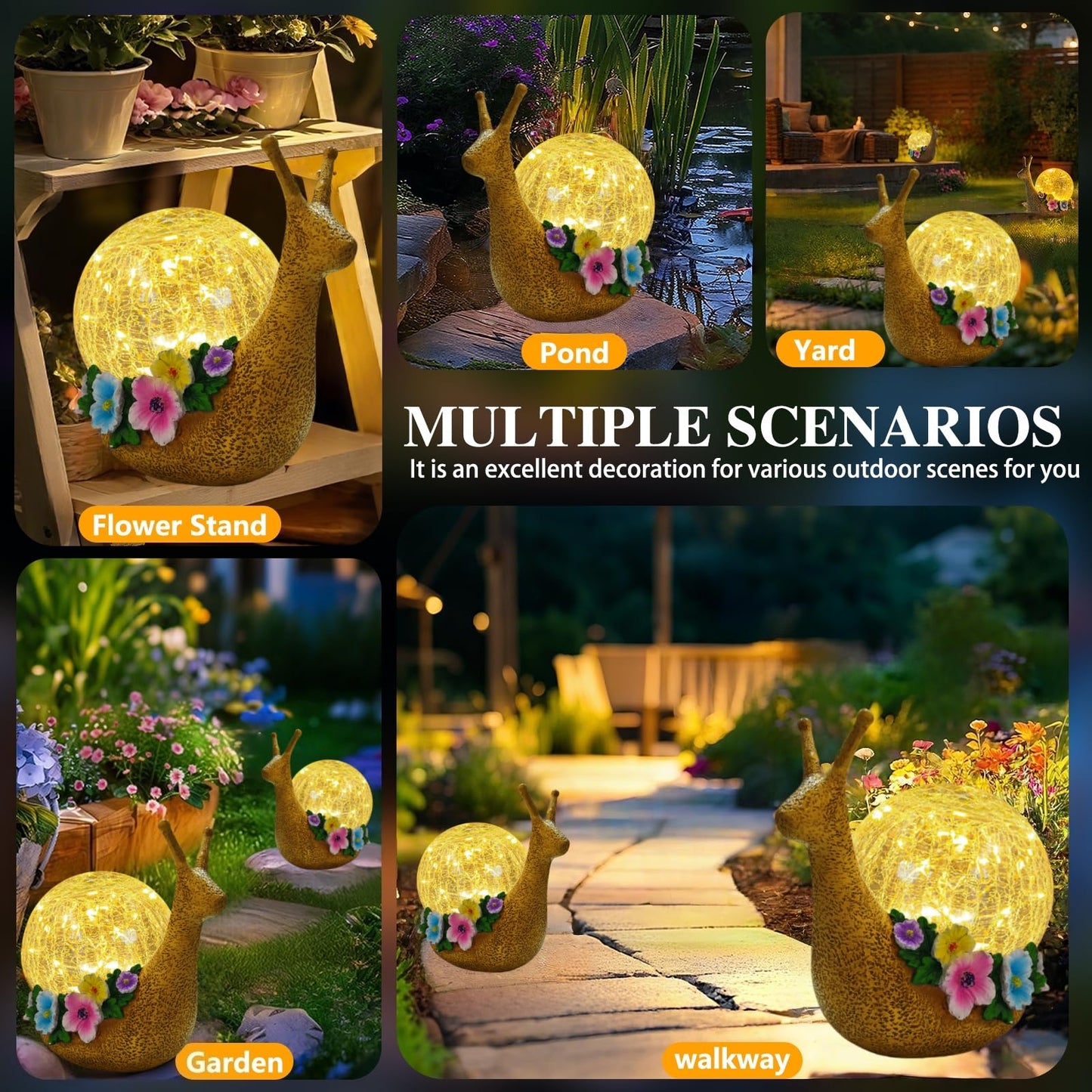 QCF Solar Snail Garden Decorations Outdoor Lights Yard Decor,Resin Fariy Statues Cracked Glass lamp Outside for Backyard Patio Lawn Porch,Unique Gifts for Women Mom Grandma