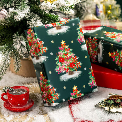 Burymento Christmas Wrapping Paper, Reversible Green Christmas Tree with Red Bow Design Gift Wrapping Paper Suitable for Holiday, Mini Roll (17 Inch X 32.8 Feet)