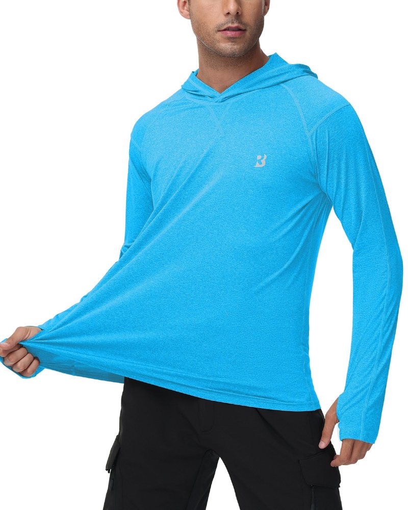 Mens UPF 50+ Fishing Swim Shirt - Long Sleeve Sun Shirts Rashguard Running Hiking Beach Workout Hooded Shirt with Thumbhole
