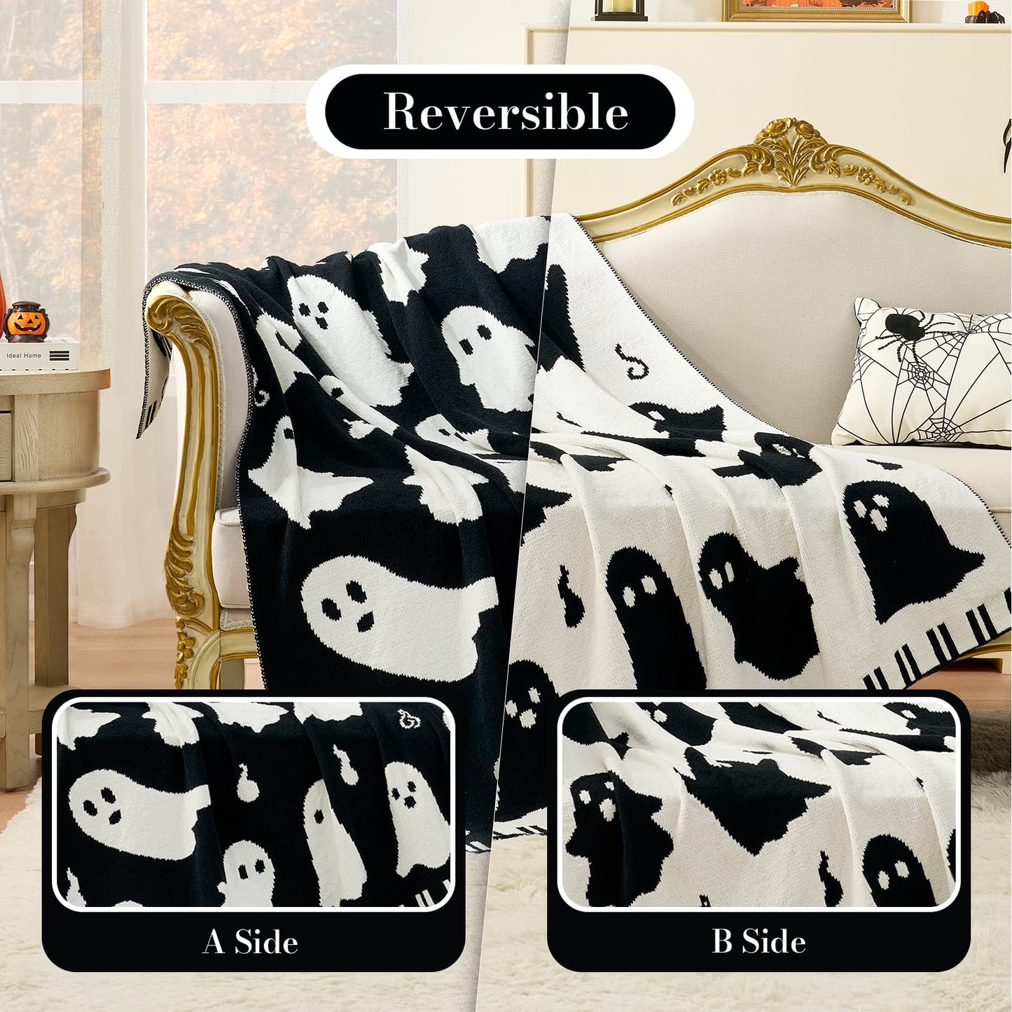 Amélie Home Reversible Halloween Throw Blanket for Couch, Spooky Halloween Ghost Cute Terror Scence, Chenille Knit Soft Cozy for Bed Sofa Home Decor Gifts, 50" x 60", Ghost