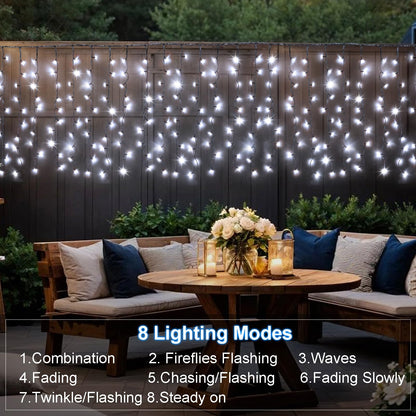 DBFAIRY Solar Curtain Lights,19.6ft x 3.3ft 300 LED Outdoor Christmas Solar Curtain Lights Waterproof Green Wire with 8 Mode for Garden Handrail Railing Eaves Wall Decoration -Cool White