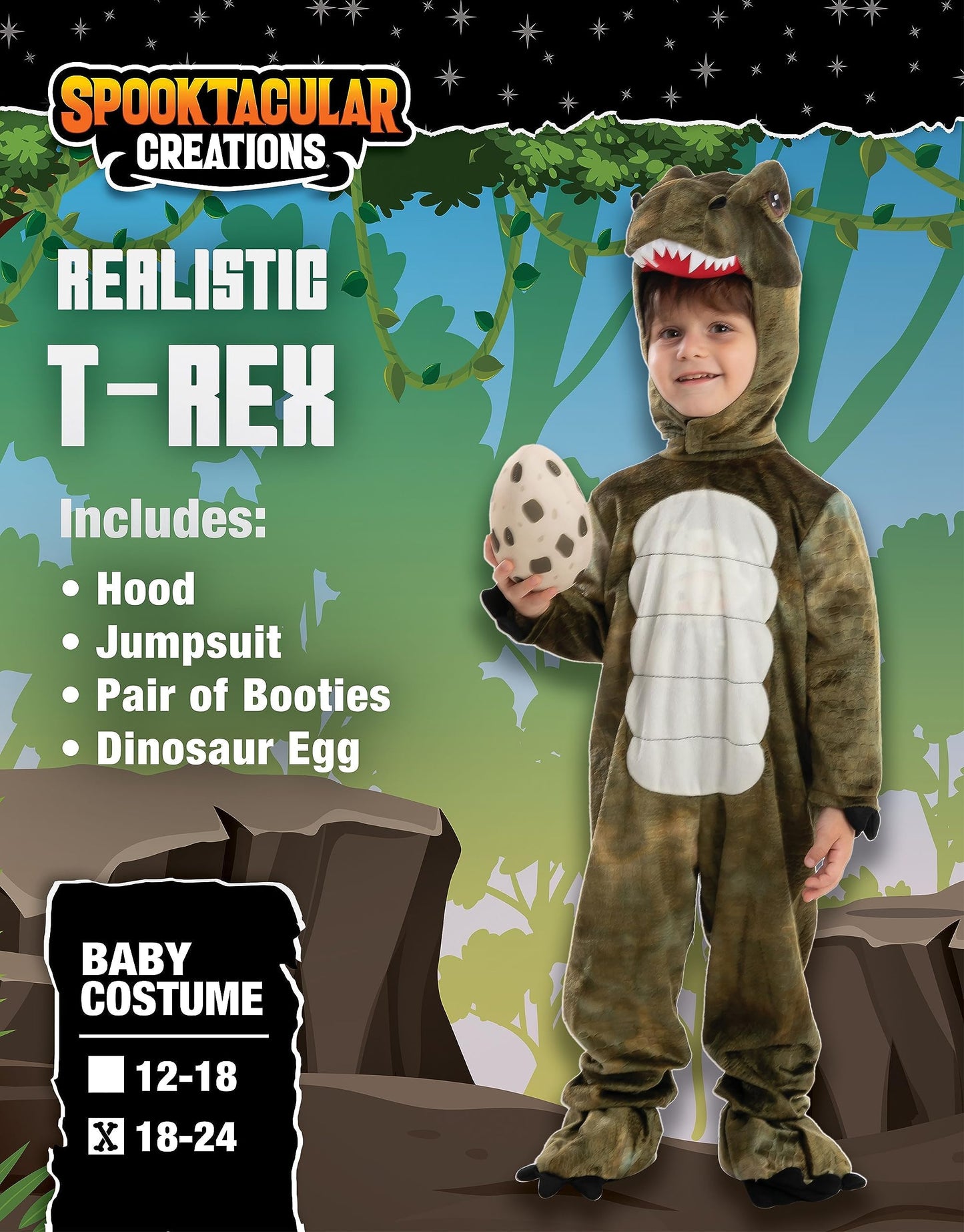 Spooktacular Creations Halloween Realistic T-rex Costume Outfit Dinosaur Jumpsuit with Egg for Kids Toddler Dress-up Party