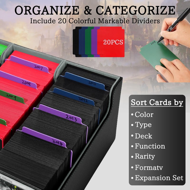 5 Row Trading Card Storage Box, 3800+Bulk Card Organizer Box with 20 Dividers & 5 Supporters, Graded Card Deck Box for YuGiOh, MTG, TCG Black/Grey