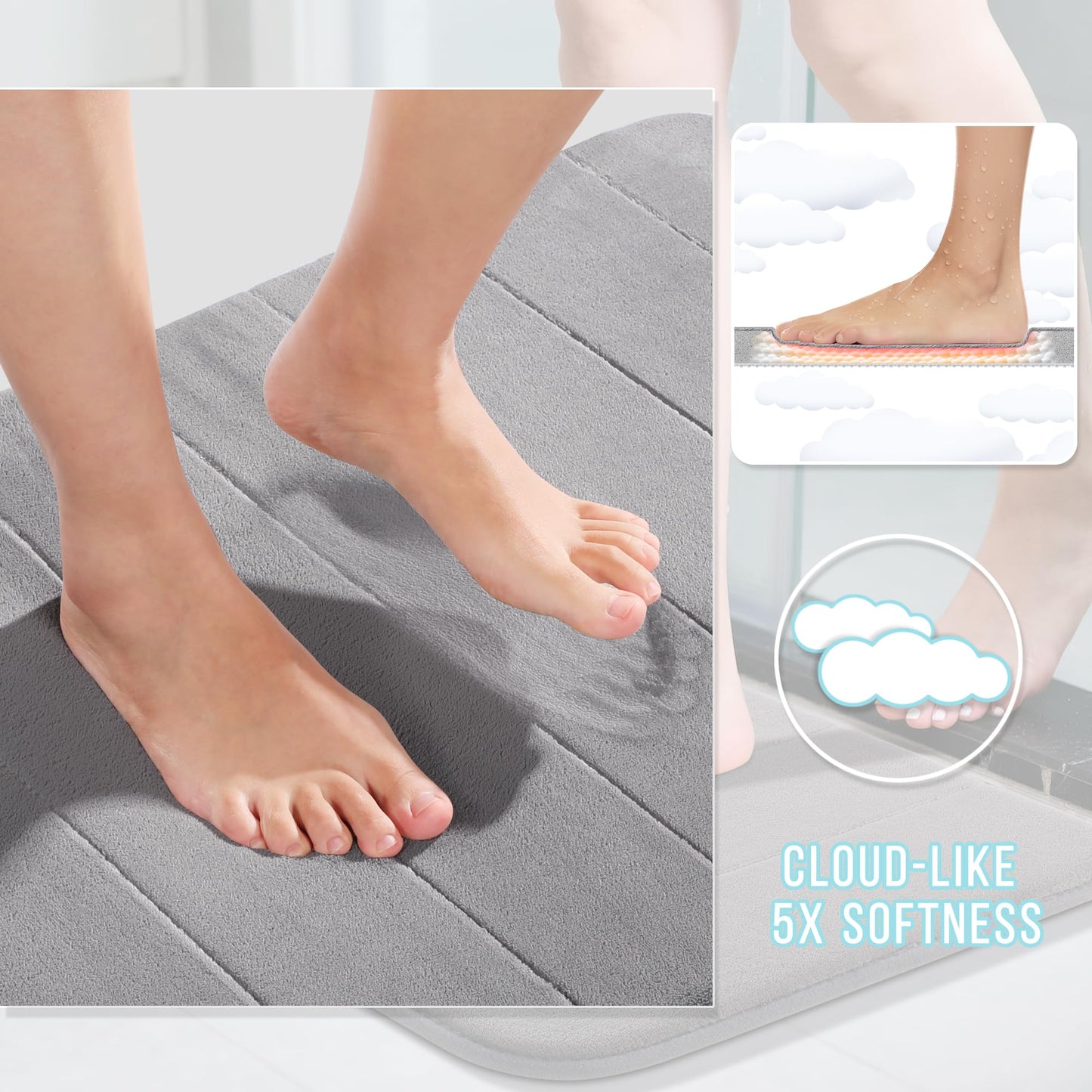 Yimobra Memory Foam Bath Mat, Soft and Comfortable, Super Water Absorption, Non-Slip, Thick, Machine Wash, Easier to Dry for Bathroom Floor Rug, 43 x 61 cm, Gray