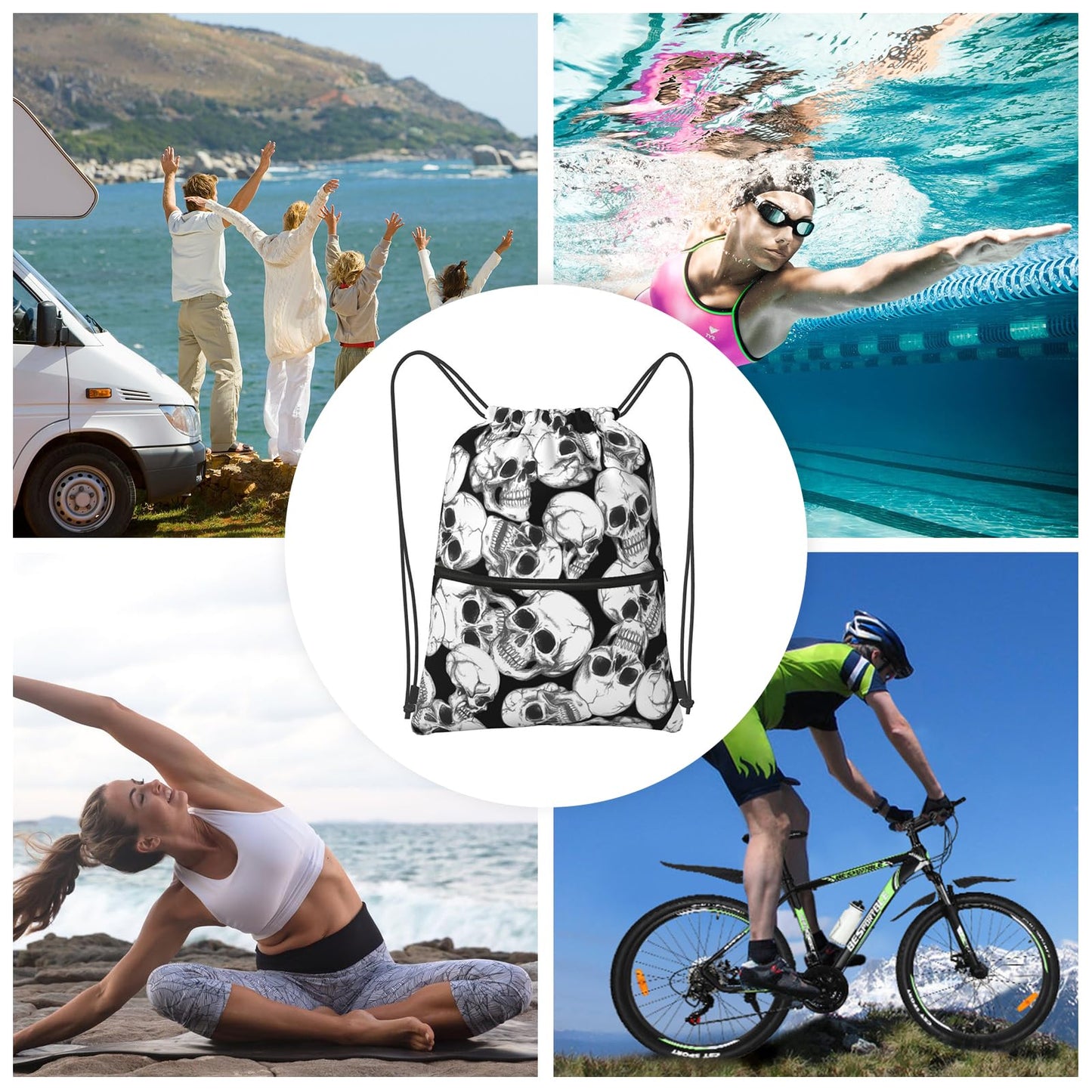 Halloween Goth Skull Drawstring Backpack, Gothic Black White Skeleton Drawstring Bag, Waterproof Durable String Sackpack, Large Capacity Cinch Sackpack for Yoga Sport Beach Gym Shopping