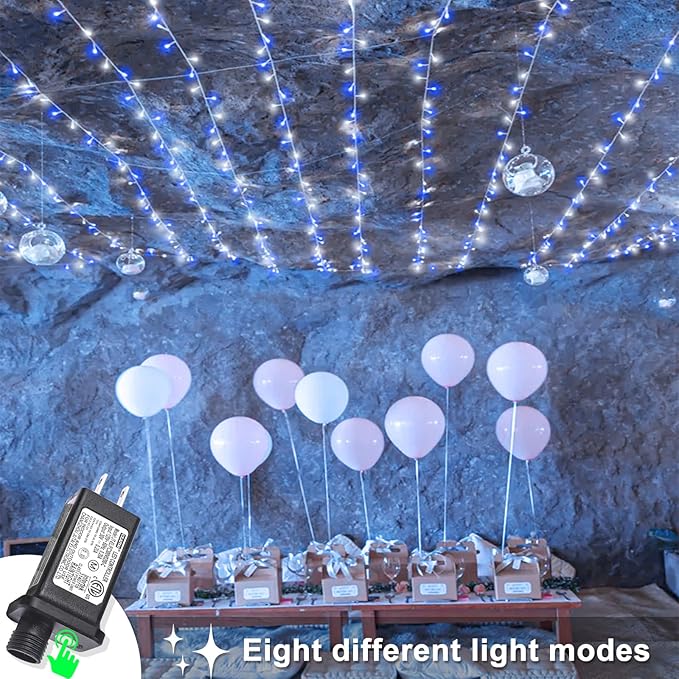 Blue White Christmas Lights Outdoor 400 LED Christmas Tree Lights 8 Modes Clear Wire, 131ft Plug in Waterproof Twinkle Fairy Lights for Indoor Outside Bedroom Party Xmas Halloween Decorations