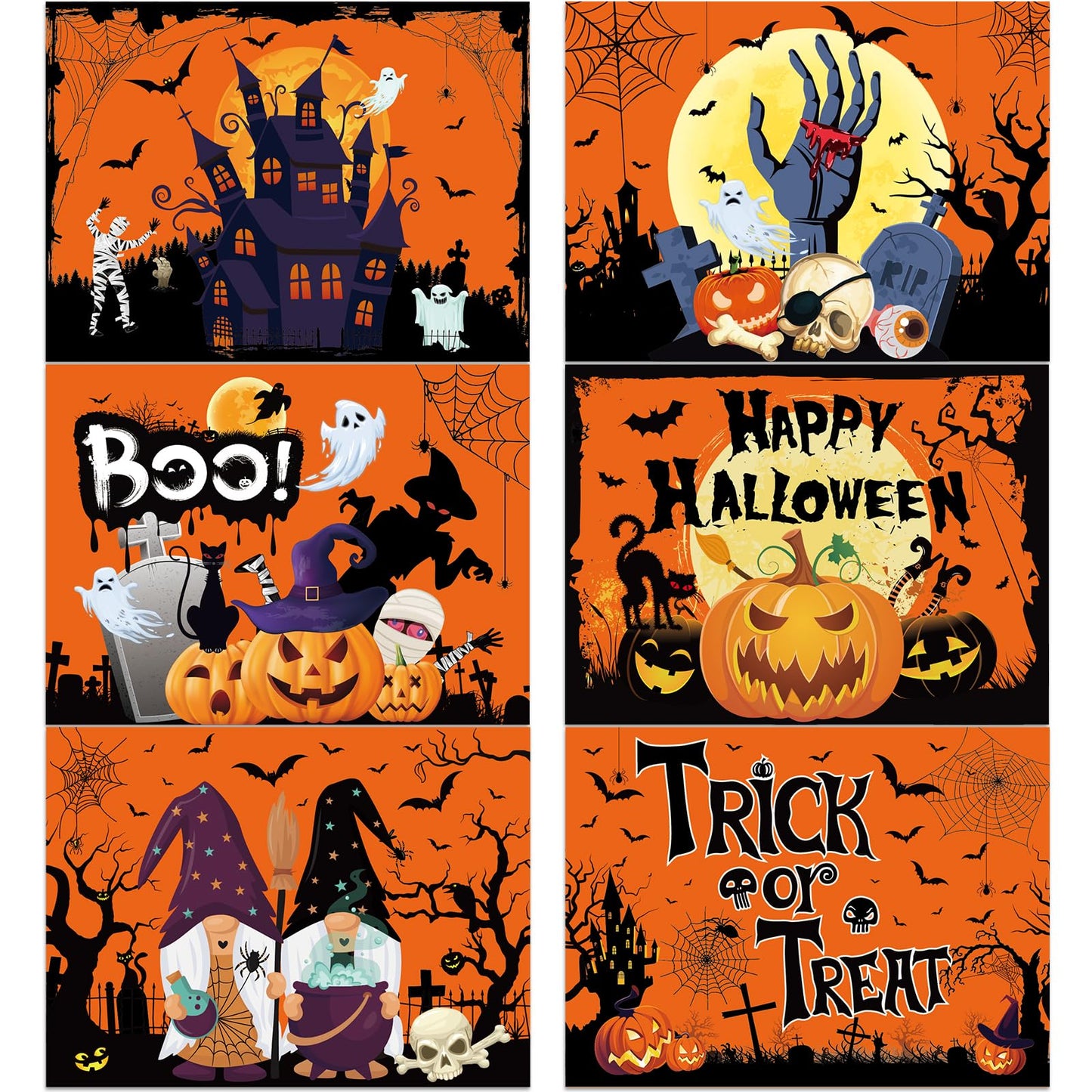 Plastic Placemats Set of 6 Halloween Table Mats - Trick or Treat Kitchen Decor - Wipe Clean, Washable, Recyclable - Orange Place Mats for Indoor/Outdoor - Heat Resistant - Kitchen/Dining Table