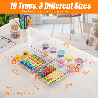 Criusia 6 Pcs Large Size Clear Drawer Organizer Set, Acrylic Non Slip Non Cracking Kitchen Drawer Storage Tray Divider, Multifunctional Storage for Cosmetics, Bathroom, Tools, Kitchen and Office