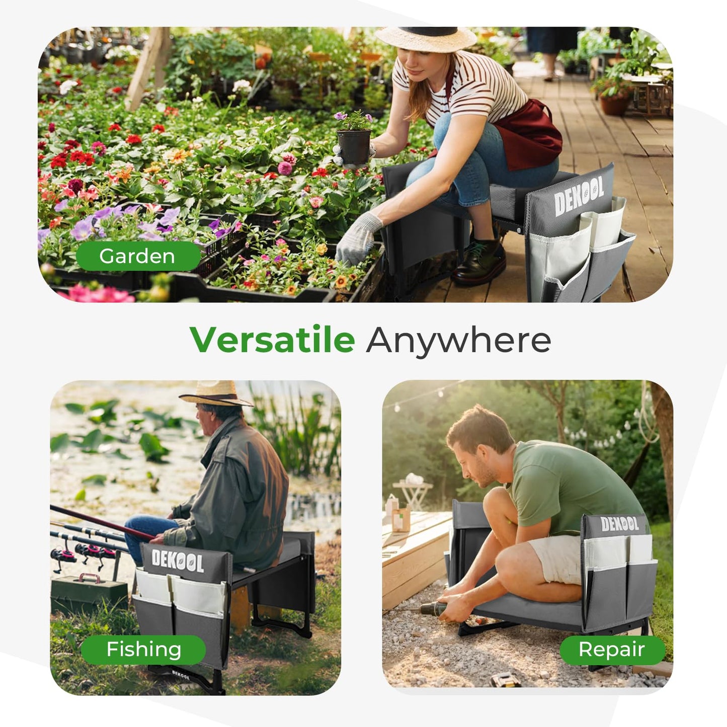 Dekool Garden Kneeler and Seat with Upgraded Wide & 3" Thick Kneeling Pad, Heavy Duty Garden Stool with 2 Large Tool Bags, Portable Bench for Planting, Weeding, Gardening Gifts for Women, Men, Seniors