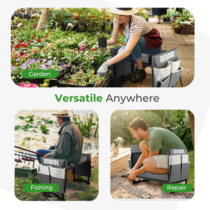 Dekool Garden Kneeler and Seat with Upgraded Wide & 3" Thick Kneeling Pad, Heavy Duty Garden Stool with 2 Large Tool Bags, Portable Bench for Planting, Weeding, Gardening Gifts for Women, Men, Seniors