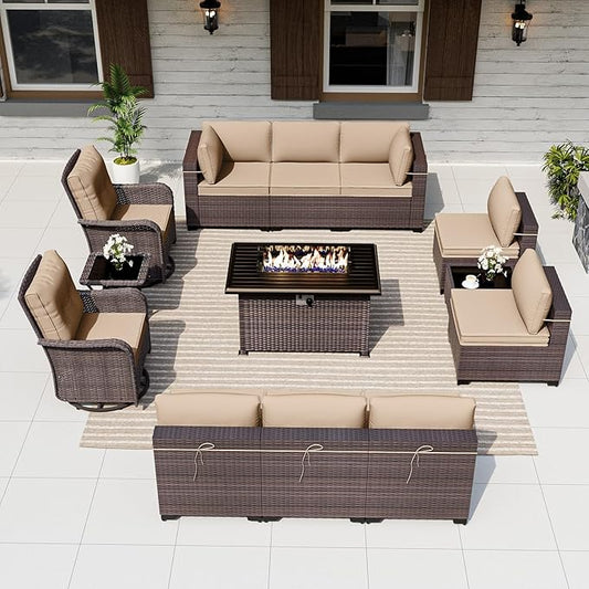 ALAULM 13 Pieces Patio Furniture Set with 2 Swivel Chairs Patio Furniture Outdoor Sectional Sofas with 55000 Gas Fire Pit Patio Conversation Set w/10 Cushions-Sand