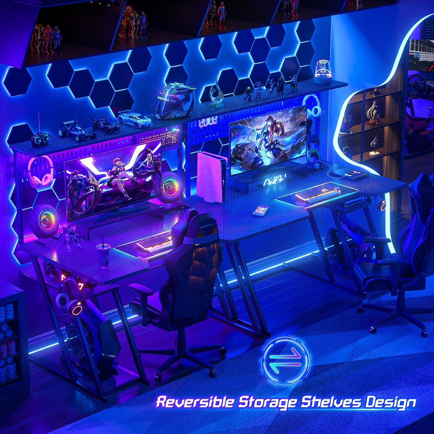 Armocity Gaming Computer Desk with Shelves and Outlets, Gaming Desk with Hutch and LED Lights, Reversible PC Gaming Desks with Pegboard, Carbon Fiber Black 47''