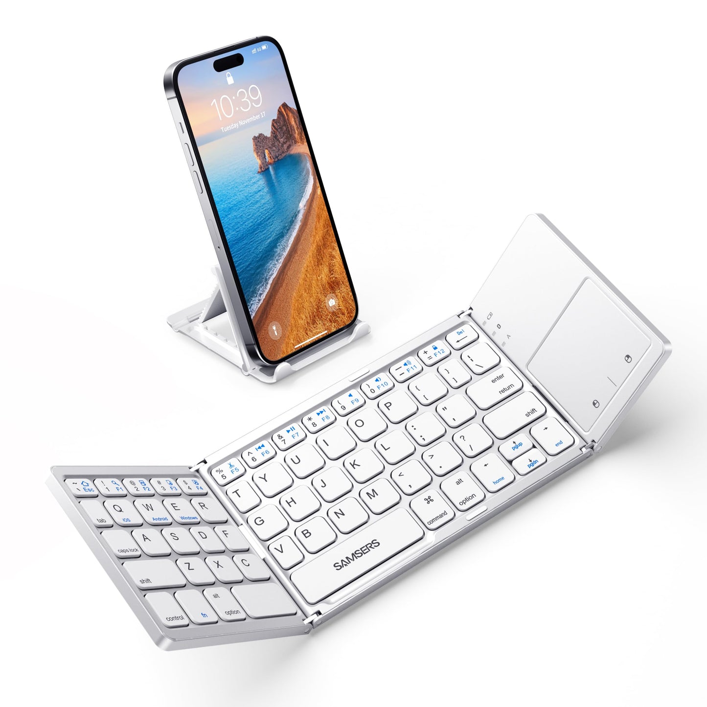 Samsers Foldable Bluetooth Keyboard with Touchpad - Portable Wireless Keyboard with Holder, Rechargeable Full Size Ultra Slim Pocket Folding Keyboards for Android Windows iOS Tablet & Laptop - Black