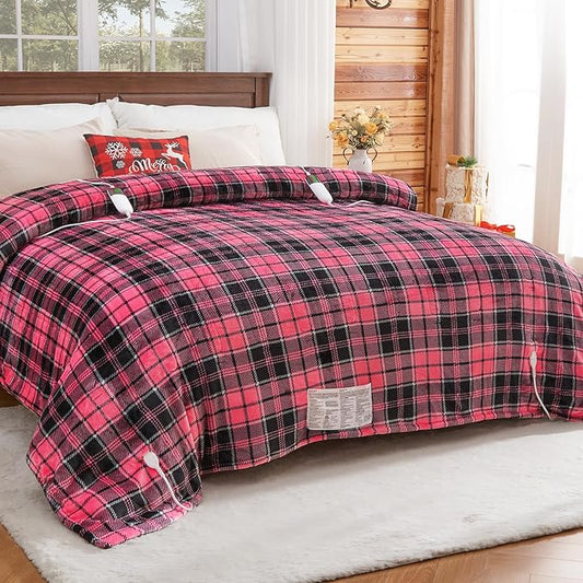 Pink Heated Blanket Electric, Queen Size 84X90, 10 Heat Levels/8 Hours Auto Off/Dual Control for Bed, Blue Plaid Checkered Sherpa Blanket Warmer for Adult, Washable Gift