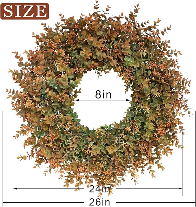 26" Fall Wreath for Front Door - Large Artificial Eucalyptus Leaves with Orange Seeds Outdoor Wreath for Porch, Window,Farmhouse,Home,Thanksgiving Day Harvest Festival Autumn Decor