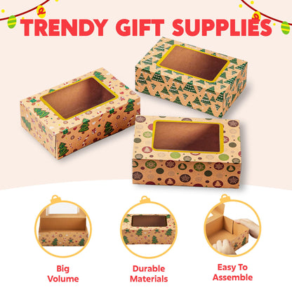 JOYIN 12 PCS Foiled Christmas Cookie Boxes for Gift Giving, 8.75" x 5.75" x 2.75” Bakery Boxes with Window, 3 Design Brown Kraft Cardboard Treat Box for Xmas Holiday Pastries Cupcakes Doughnut Wrap