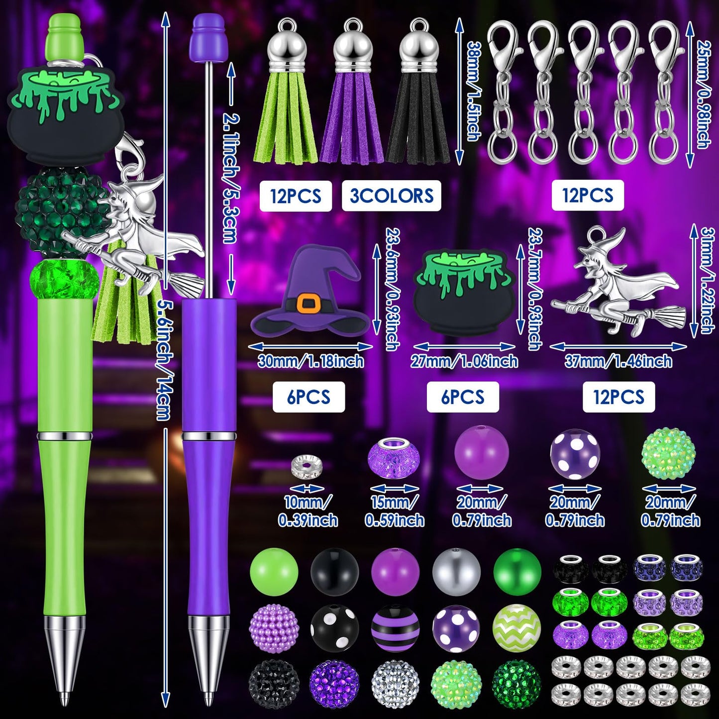 Jutom 12 Pcs Halloween Beadable Pens with Focal Silicone Beads Witch Cauldron Purple Green Bead Crafting DIY Making Pens Kit for Office School Christmas Holiday Gift Bulk